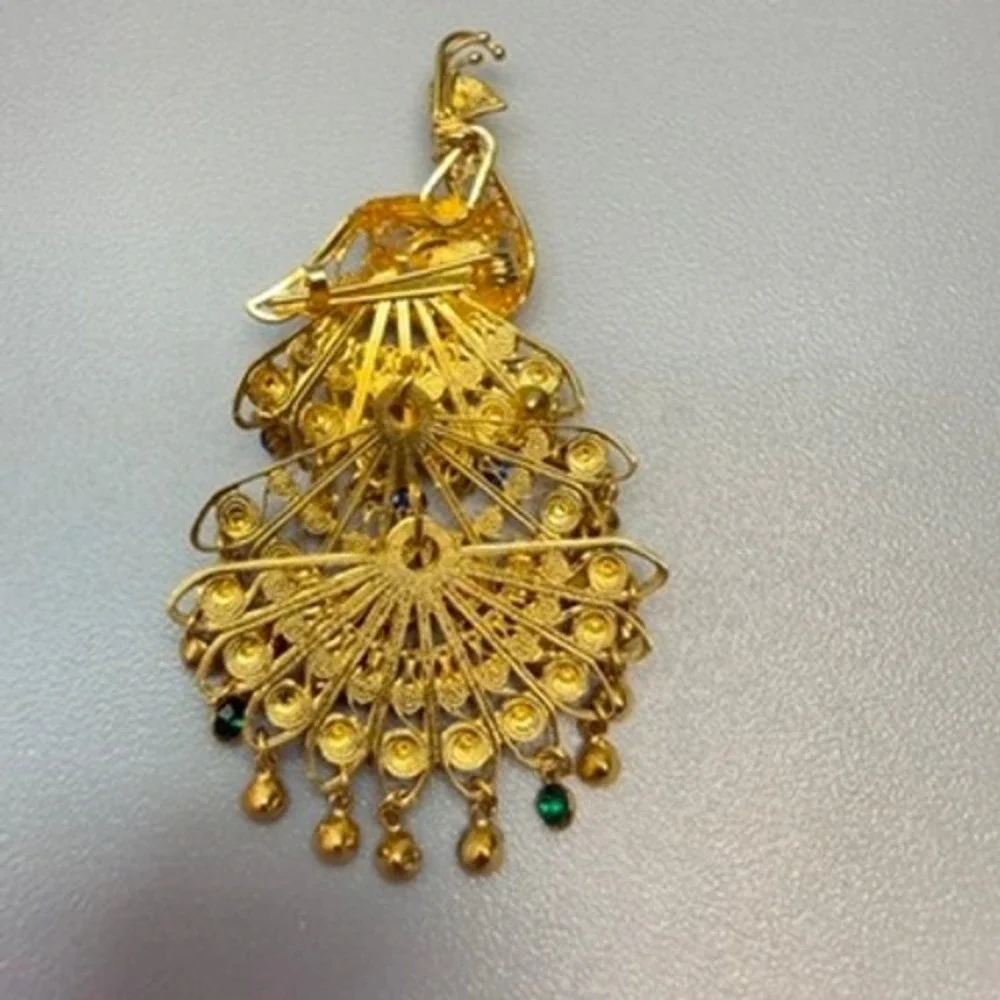 Vintage Gold Tone Filigree Peacock Brooch with Rhinestones Moving Tail